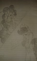 Size: 2560x1536 | Tagged: safe, artist:treble clefé, imported from derpibooru, applejack, pinkie pie, earth pony, pony, annoyed, clothes, cousins, female, grand theft auto, gta iv, hey cousin, let's go bowling, lined paper, monochrome, niko bellic, phone, photo, roman bellic, signature, solo, traditional art, vulgar