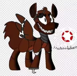 Size: 663x655 | Tagged: safe, imported from derpibooru, fox, pegasus, pony, robot, robot pony, alpha channel, animatronic pony, base used, crossover, eyepatch, fangs, five nights at freddy's, foxy, hook, logo, male, movieunleashers, ponified, smiling, solo, text