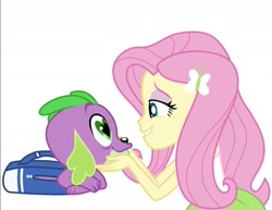 Size: 1531x1182 | Tagged: safe, imported from derpibooru, fluttershy, spike, dog, human, equestria girls, backpack, backpack spike, female, flutterspike, heart eyes, male, shipping, simple background, spike gets all the equestria girls, spike the dog, straight, white background, wingding eyes