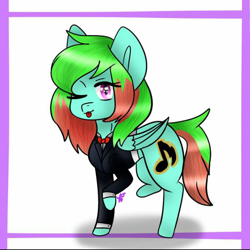 Size: 800x801 | Tagged: safe, artist:wolfy dawn, imported from derpibooru, oc, oc only, oc:precised note, pegasus, pony, bowtie, clothes, cute, cutie mark, looking at you, one eye closed, purple eyes, signature, simple background, smol, tongue out, tuxedo, wings, wink