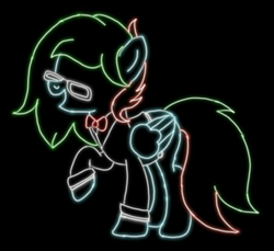 Size: 735x674 | Tagged: safe, artist:skycloud, imported from derpibooru, oc, oc only, oc:precised note, pegasus, pony, bowtie, clothes, glasses, glowing, neon, no eyes, one hoof raised, open mouth, outline, raised hoof, tuxedo, wings