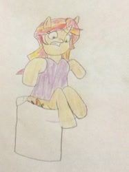 Size: 772x1034 | Tagged: safe, artist:snipiper, imported from derpibooru, sunset shimmer, pony, unicorn, but why, female, implied pooping, sitting on toilet, solo, story included, stuck, toilet, traditional art