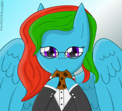 Size: 800x728 | Tagged: safe, artist:herotwilight1111, imported from derpibooru, oc, oc only, oc:precised note, pegasus, pony, alternate hairstyle, bowtie, clothes, cookie, eating, food, glasses, looking at you, nom, signature, tuxedo