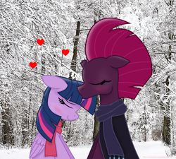 Size: 4330x3900 | Tagged: safe, artist:ejlightning007arts, imported from derpibooru, tempest shadow, twilight sparkle, alicorn, pony, unicorn, blushing, broken horn, clothes, cute, eyes closed, female, horn, kiss on the head, kissing, lesbian, scarf, shipping, snow, tempestlight, tree, twilight sparkle (alicorn), winter