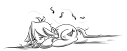 Size: 4857x1974 | Tagged: safe, artist:coco-drillo, imported from derpibooru, oc, oc only, oc:cocodrillo, earth pony, pony, clothes, floppy ears, laying on stomach, messy mane, monochrome, music, music notes, prone, scarf, sketch, sleeping, sleepy, stitches