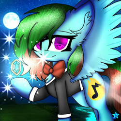 Size: 800x797 | Tagged: safe, anonymous artist, imported from derpibooru, oc, oc only, oc:precised note, pegasus, pony, bowtie, clothes, cutie mark, fluffy, gem, heart eyes, looking at you, looking back, looking back at you, moon, night, one hoof raised, presenting, raised hoof, river, scenery, signature, smiling, sparkles, spread wings, tuxedo, wingding eyes, wings