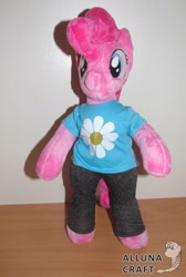 Size: 2621x3893 | Tagged: safe, artist:allunacraft, imported from derpibooru, pinkie pie, pony, anthro plushie, bipedal, clothes, irl, pants, photo, plushie, shirt, solo