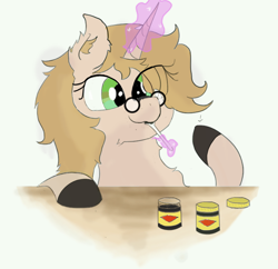 Size: 1062x1027 | Tagged: safe, artist:poniesmine, imported from derpibooru, oc, oc only, oc:embroidered equations, pony, unicorn, chest fluff, colored hooves, cute, desk, female, glasses, halfbody, magic, mare, muzzle, spoon, vegemite