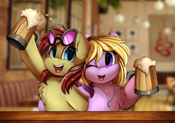 Size: 3524x2500 | Tagged: safe, artist:pridark, imported from derpibooru, oc, oc only, pony, alcohol, bar, commission, digital art, drink, duo, high res, hoof hold, mug, one eye closed, open mouth, smiling, sunglasses