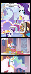 Size: 1288x3000 | Tagged: safe, edit, edited screencap, editor:teren rogriss, imported from derpibooru, screencap, discord, princess celestia, rarity, alicorn, draconequus, pony, unicorn, rarity's biggest fan, spoiler:interseason shorts, blue eyes, body swap, carousel boutique, comic, cutie mark swap, discord being discord, eye color change, eye swap, intro, mane, mannequin, rarity's cutie mark, royal guard, screencap comic