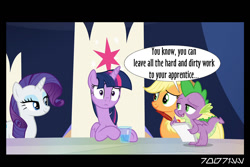 Size: 1288x858 | Tagged: safe, edit, edited screencap, editor:teren rogriss, imported from derpibooru, screencap, applejack, rarity, spike, twilight sparkle, alicorn, dragon, earth pony, pony, unicorn, the beginning of the end, comic, cowboy hat, female, glass of water, hat, implied starlight glimmer, mare, quill, screencap comic, twilight sparkle (alicorn), twilight's castle, winged spike, wings