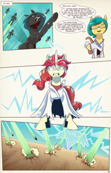 Size: 1253x1950 | Tagged: safe, artist:saturdaymorningproj, imported from derpibooru, queen chrysalis, oc, oc:himecchi shinku, changeling, changeling queen, earth pony, pony, unicorn, comic:i await a guardian, comic, female, magic