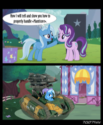 Size: 640x781 | Tagged: safe, edit, edited screencap, editor:teren rogriss, imported from derpibooru, screencap, starlight glimmer, trixie, pony, unicorn, no second prances, clothes, comic, deathstrike missile launcher, hat, military vehicle, missile launcher, ponyville, screencap comic, trixie's hat, vehicle, warhammer (game), warhammer 40k