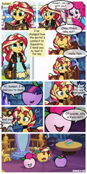 Size: 1500x3000 | Tagged: safe, artist:nancy-05, idw, imported from derpibooru, pinkie pie, sunset shimmer, twilight sparkle, earth pony, pony, unicorn, equestria girls, spoiler:comic, spoiler:comic32, apple, apple pinkie, comic, emanata, food, food transformation, how, living apple, portal, species swap, wat