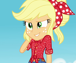 Size: 1296x1080 | Tagged: safe, imported from derpibooru, screencap, applejack, equestria girls, equestria girls series, holidays unwrapped, spoiler:eqg series (season 2), bandana, cropped, cute, female, geode of super strength, jackabetes, magical geodes, solo, the cider louse fools