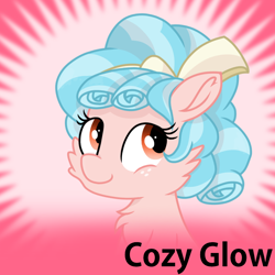 Size: 1024x1024 | Tagged: safe, artist:rainbow eevee, imported from derpibooru, cozy glow, pegasus, pony, derpibooru, accessory, cheek fluff, chest fluff, cozybetes, cute, female, filly, freckles, meta, solo, spoilered image joke