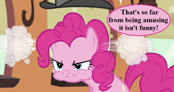 Size: 993x530 | Tagged: safe, edit, edited screencap, imported from derpibooru, screencap, pinkie pie, pony, mmmystery on the friendship express, angry, cropped, dude not funny (reaction image), female, hat, high-pressure emotion, pinkie pie is not amused, pun, reaction image, solo, speech, speech bubble, steam, train, unamused