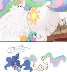 Size: 1500x1626 | Tagged: safe, artist:raps, imported from derpibooru, aura (character), princess celestia, princess luna, alicorn, earth pony, pony, accident, aura (g4), butt, butt crush, butt destruction, comic, cowering, crying, destruction, dialogue, digital art, double facewing, embarrassed, facewing, female, filly, floppy ears, frown, glare, grumpy, hiding, hiding behind wing, horrified, hug, looking back, mare, nose wrinkle, open mouth, plot, prone, raised hoof, raised tail, royal sisters, simple background, spread wings, squishy cheeks, sunbutt, table, tail, the ass was fat, toothpick, white background, wide eyes, wing fluff, winghug, wings