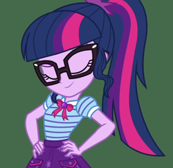 Size: 1114x1080 | Tagged: safe, imported from derpibooru, screencap, sci-twi, twilight sparkle, equestria girls, equestria girls series, holidays unwrapped, spoiler:eqg series (season 2), bowtie, clothes, cropped, cute, cutie mark on clothes, eyebrows, eyes closed, female, geode of telekinesis, glasses, hand on hip, hands on hip, jewelry, magical geodes, pendant, polo shirt, ponytail, pose, raised eyebrow, skirt, smiling, solo, the cider louse fools, twiabetes