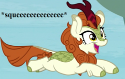 Size: 704x448 | Tagged: safe, edit, edited screencap, imported from derpibooru, screencap, autumn blaze, kirin, sounds of silence, awwtumn blaze, cropped, cute, flipped image, leaping, squee