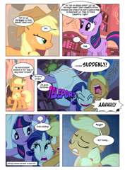 Size: 868x1228 | Tagged: safe, artist:dziadek1990, edit, edited screencap, imported from derpibooru, screencap, applejack, rarity, twilight sparkle, comic:sunny day, look before you sleep, comic, conversation, dialogue, dungeons and dragons, fear wetting, golden oaks library, jumpscare, library, narration, pen and paper rpg, pissing, rpg, scared, screaming, screencap comic, slice of life, tabletop game, text