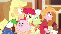 Size: 1920x1080 | Tagged: safe, imported from derpibooru, screencap, apple bloom, applejack, big macintosh, granny smith, bird, chicken, pig, equestria girls, equestria girls series, holidays unwrapped, spoiler:eqg series (season 2), animal, apple family, apple siblings, apple sisters, applejack's hat, barn, belt, brother and sister, clothes, cowboy hat, denim skirt, ear piercing, earring, female, freckles, hat, jewelry, male, piercing, rooster, siblings, sisters, skirt, stetson, the cider louse fools