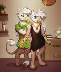 Size: 2480x2952 | Tagged: safe, artist:klooda, imported from derpibooru, oc, oc:mizzy, oc:rené de artois, griffon, clothes, colored, couple, detailed, dress, duo, female, flat colors, griffon oc, interior, jewelry, lineart, male, necklace, one eye closed, smiling, soft color, standing, wink