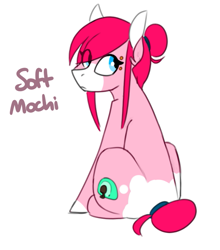 Size: 583x661 | Tagged: safe, artist:redxbacon, imported from derpibooru, oc, oc only, oc:soft mochi, earth pony, pony, cutie mark, hair bun, looking at you, solo, text, transgender