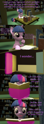 Size: 1920x5400 | Tagged: safe, artist:papadragon69, imported from derpibooru, twilight sparkle, alicorn, dragon, pony, comic:spike's cyosa, 3d, book, comic, cyoa, ending, female, library, mare, source filmmaker, twilight sparkle (alicorn)