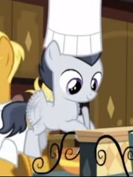 Size: 404x535 | Tagged: safe, imported from derpibooru, screencap, gourmand ramsay, rumble, pegasus, pony, the last problem, canterlot, chef's hat, cooking, cropped, hat, kitchen, smiling, solo focus