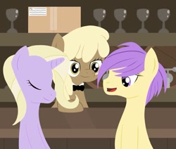 Size: 971x823 | Tagged: safe, artist:dinkyuniverse, imported from derpibooru, berry sweet, blossom delight, jasmine tea, mjölna, earth pony, pony, unicorn, background pony, bar, barrel, bartender, bowtie, box, female, friendship student, glass, lineless, mare, trio, wine glass