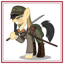 Size: 1024x1024 | Tagged: safe, artist:brony-works, imported from derpibooru, earth pony, pony, bandage, blood, clothes, eyepatch, female, imperial japan, imperial japanese army, katana, mare, simple background, solo, sword, uniform, weapon, white background, world war ii