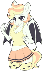 Size: 737x1102 | Tagged: safe, artist:tiacakess, imported from derpibooru, oc, oc only, oc:creme puff, anthro, bat pony, blushing, clothes, cute, female, mare, miniskirt, pleated skirt, shirt, simple background, skirt, solo, stockings, thigh highs, transparent background, zettai ryouiki