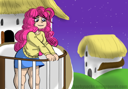 Size: 8000x5600 | Tagged: safe, artist:kackysocks, imported from derpibooru, pinkie pie, human, balcony, building, clothes, grass, humanized, miniskirt, plump, skirt, smiling, stars, sweater