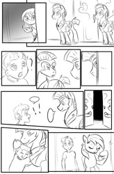 Size: 724x1103 | Tagged: safe, artist:candyclumsy, imported from derpibooru, oc, oc:candy clumsy, oc:tommy the human, human, pegasus, comic:sick days, blowing, canterlot, canterlot castle, child, clothes, comic, commissioner:bigonionbean, cute, dialogue, doorway, guarding, hallway, hug, human oc, maid, peeking, random pony, royal guard, sketch, sketch dump, writer:bigonionbean