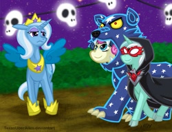Size: 781x600 | Tagged: safe, artist:texasuberalles, deleted from derpibooru, imported from derpibooru, bon bon, lyra heartstrings, trixie, bear, earth pony, pony, unicorn, ursa, ursa minor, alicorn amulet, cloak, clothes, cloven hooves, colored hooves, costume, fake wings, female, glasses, mare, nightmare night, trio, trixie is not amused, unamused
