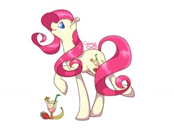 Size: 1032x774 | Tagged: safe, artist:sugarponypie, imported from derpibooru, oc, oc only, unnamed oc, earth pony, pony, banana, cocktail, cutie mark, female, food, looking at you, mare, profile, raised hoof, simple background, smiling, solo, strawberry, white background