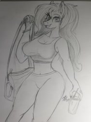 Size: 507x676 | Tagged: safe, artist:zsnowfilez, imported from derpibooru, oc, oc:belladonna nightshade, anthro, earth pony, clothes, female, mare, monochrome, solo, sports bra, traditional art