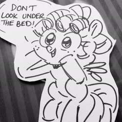 Size: 2048x2048 | Tagged: safe, artist:ohjeetorig, imported from derpibooru, cozy glow, pegasus, pony, black and white, female, filly, grayscale, irl, monochrome, official fan art, paper child, photo, pony ciderfest, sketch, traditional art