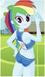 Size: 828x1400 | Tagged: safe, artist:philelmago, deleted from derpibooru, edit, imported from derpibooru, rainbow dash, human, equestria girls, athlete, jeffrey epstein, meme, rainbutt dash, soccer field, solo, sports bra, stadium, victory sign