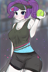 Size: 3176x4760 | Tagged: safe, artist:choyamy, imported from derpibooru, rarity, equestria girls, anime, blushing, breasts, cleavage, clothes, cute, female, high res, raribetes, solo, sports, sports outfit, sports shorts, sun visor, tanktop, tennis, tennis ball