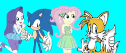 Size: 2794x1190 | Tagged: safe, artist:sonicsuperstar1991, imported from derpibooru, fluttershy, rarity, equestria girls, 1000 hours in ms paint, clothes, crossover, cute, dress, female, fluttertails, male, miles "tails" prower, rarisonic, shipping, sonic the hedgehog, sonic the hedgehog (series), straight