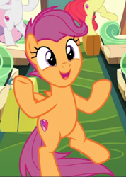 Size: 428x600 | Tagged: safe, imported from derpibooru, screencap, apple bloom, scootaloo, sweetie belle, earth pony, pegasus, pony, unicorn, growing up is hard to do, being big is all it takes, bipedal, cropped, cute, cutealoo, cutie mark crusaders, dancing, female, mare, offscreen character, older, older scootaloo, open mouth, smiling, solo focus, suitcase