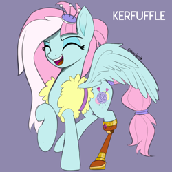 Size: 800x800 | Tagged: safe, artist:casualcolt, imported from derpibooru, kerfuffle, pegasus, pony, rainbow roadtrip, amputee, cute, eyes closed, female, fufflebetes, kerfuffle shuffle, mare, open mouth, prosthetic leg, prosthetic limb, prosthetics, simple background, smiling, solo