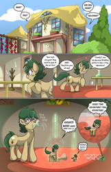 Size: 1375x2125 | Tagged: safe, artist:willdabeard, imported from derpibooru, oc, oc:nutmeg, earth pony, comic:nutmeg's tiny adventure, bouncing, cloud, comic, cutie mark, drinking, excited, exterior, food, garden, happy, house, interior, micro, potion, railing, sequence, shrink, shrinking, shrinking potion, shrunk, sky, speech bubble, tomato, tree, word balloon