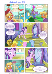 Size: 6197x8760 | Tagged: safe, artist:jeremy3, imported from derpibooru, ms. harshwhinny, starlight glimmer, sunshower raindrops, earth pony, pegasus, pony, unicorn, comic:behind me, alternate universe, caught, clothes, comic, implied sunset shimmer, magic mirror, ponyville, ponyville schoolhouse, twilight's castle, uniform, wonderbolts, wonderbolts uniform