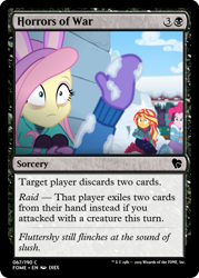 Size: 375x523 | Tagged: safe, edit, imported from derpibooru, fluttershy, pinkie pie, sunset shimmer, trixie, equestria girls, equestria girls series, holidays unwrapped, spoiler:eqg series (season 2), ccg, clothes, jacket, magic the gathering, mittens, shell shock, snow, trading card, trading card edit