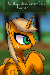 Size: 1024x1536 | Tagged: safe, artist:platinumdrop, imported from derpibooru, applejack, alicorn, pony, vampire, alicornified, applecorn, fangs, female, freckles, mare, race swap, rearing, solo