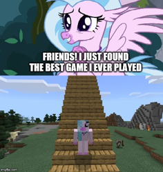 Size: 500x529 | Tagged: safe, edit, edited screencap, imported from derpibooru, screencap, silverstream, cow, hippogriff, caption, cute, diastreamies, image macro, imgflip, meme, minecraft, stairs, text, that hippogriff sure does love stairs