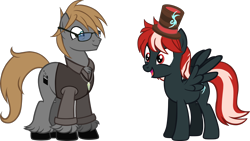 Size: 2000x1125 | Tagged: safe, artist:theeditormlp, imported from derpibooru, oc, oc only, oc:shadow rush, oc:the editor, earth pony, pegasus, pony, clothes, glasses, hat, male, shirt, simple background, stallion, top hat, transparent background, vest